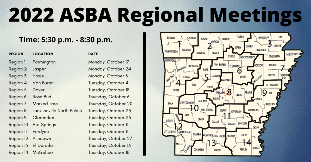 Arkansas map with regions and dates of meetings